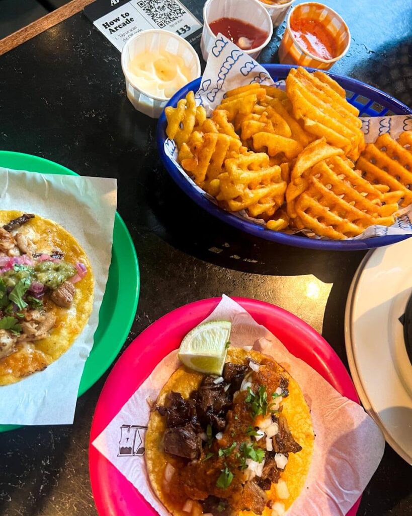 tacos and waffle fries from Arcade food market in london