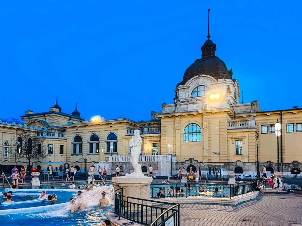 Gellert or Széchenyi Thermal Baths which is better. Széchenyi Thermal Baths exterior thermal spa at night