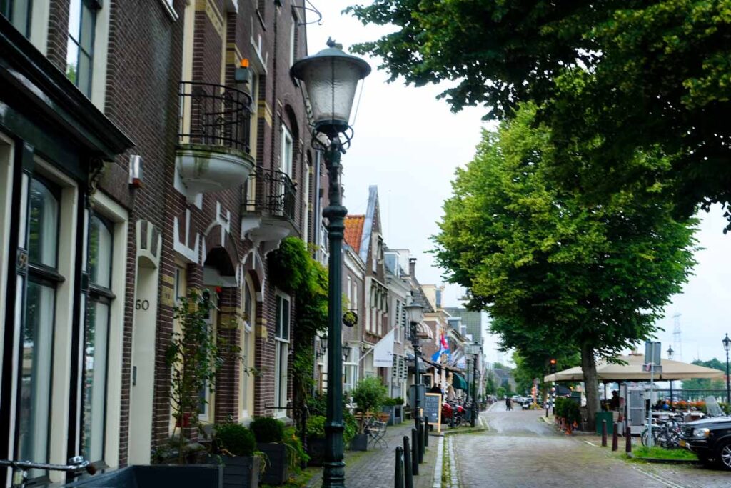 muiden buildings with a walkway of trees