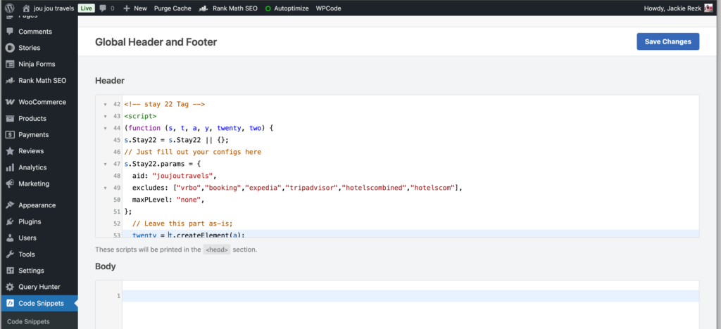 how to install stay22 script into header
