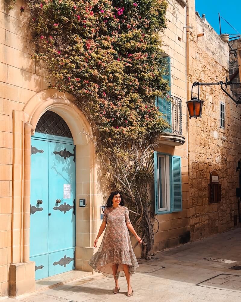 famous blue door with flowers in Mdina Malta