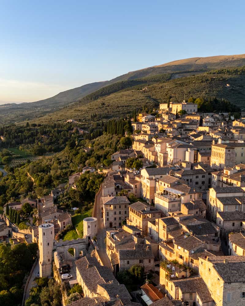 drone view Porta Venere (Venus’ Gate) spello italy