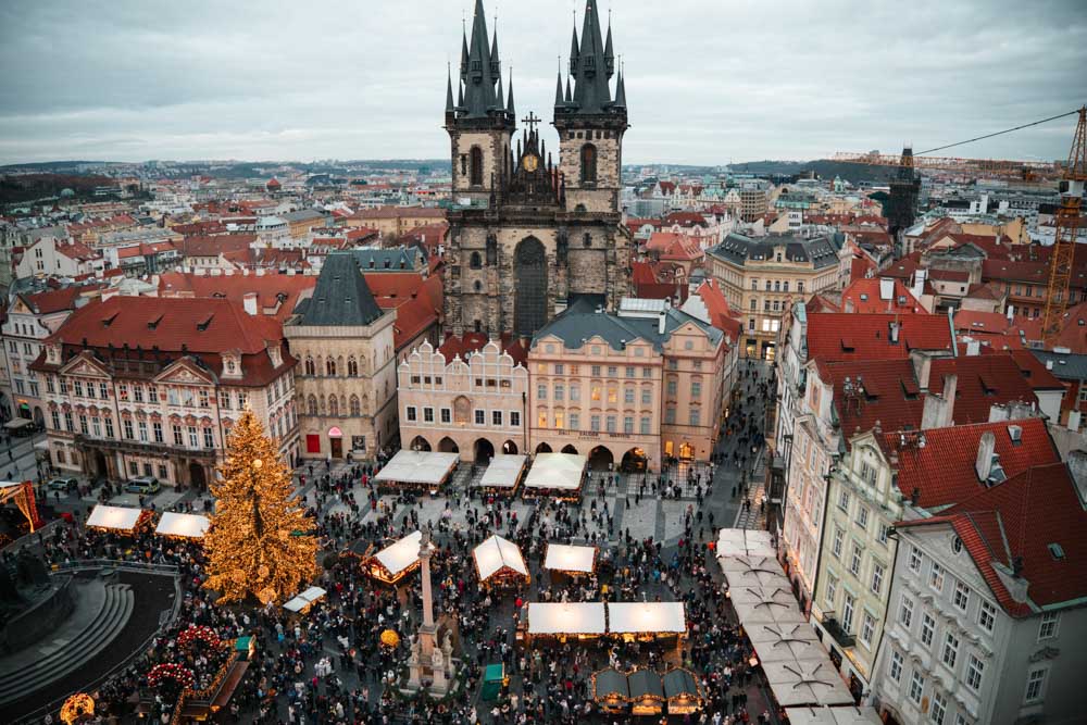 prague old town tower view of the christmas market