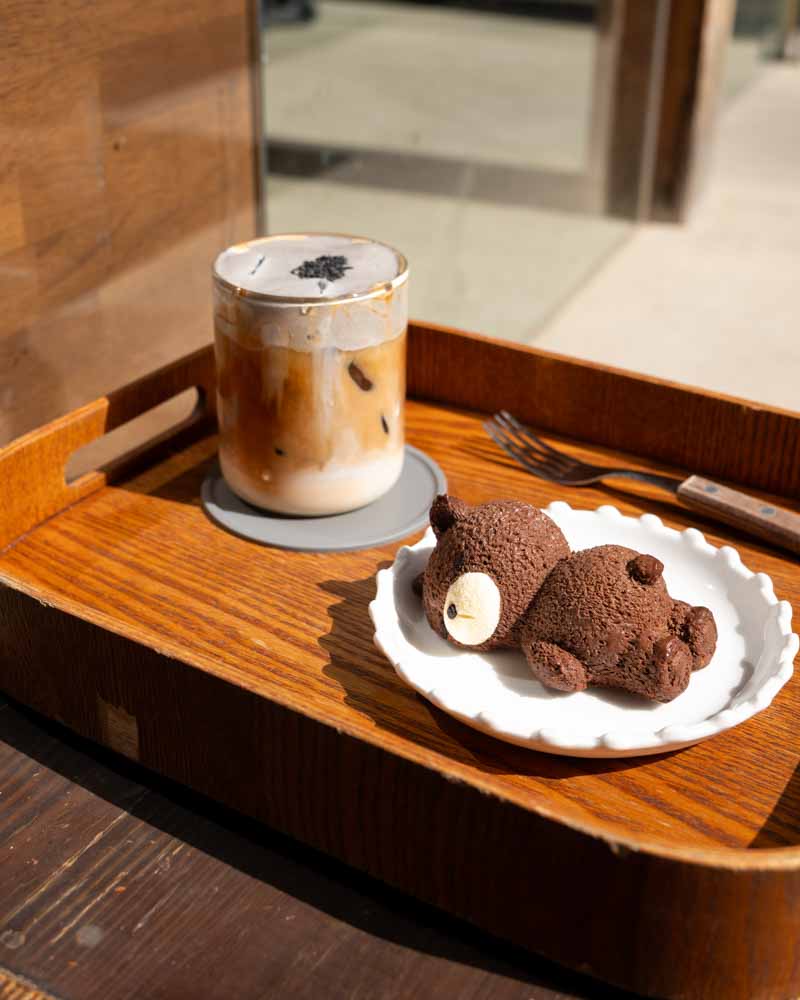 Cute bear dessert with iced coffee at Shinleedoga seoul, best dessert cafes in seoul
