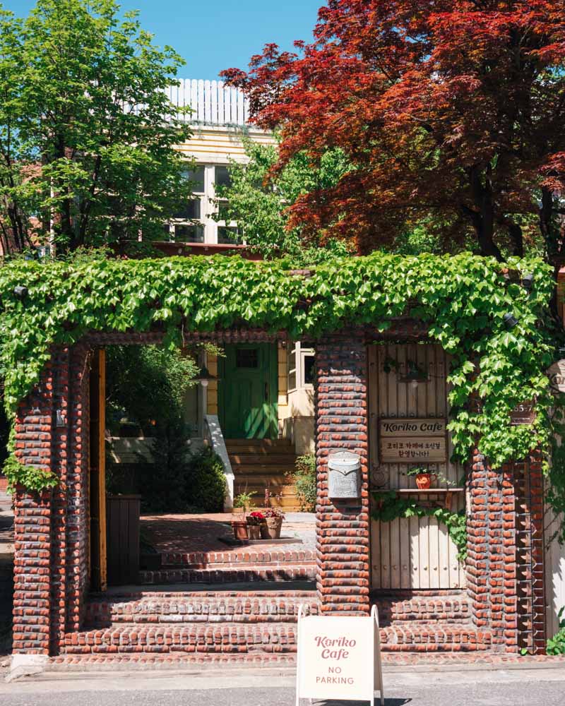 Charming cafe entrance with greenery